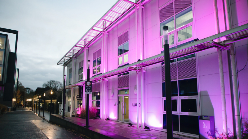 Lloyd Building lit up with purple lights signifying the start of Disability History Month
